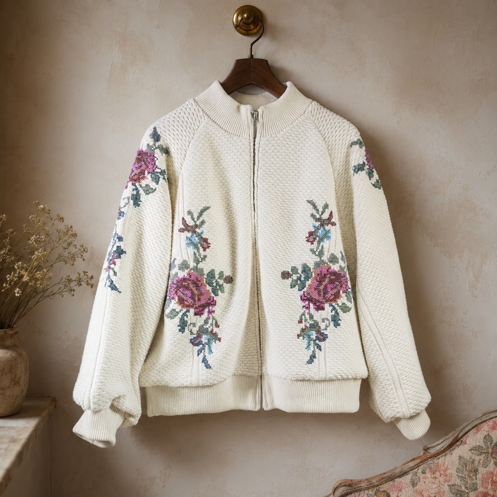 By Anthropologie Romantic Cottagecore Floral Cross-Stitch Bomber Jacket Ivory